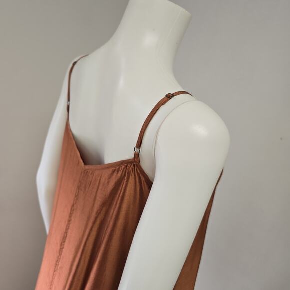 Peruvian Connection Midi Dress Size M Copper Rust Lined 100% Silk Strappy Layer - Picture 7 of 9